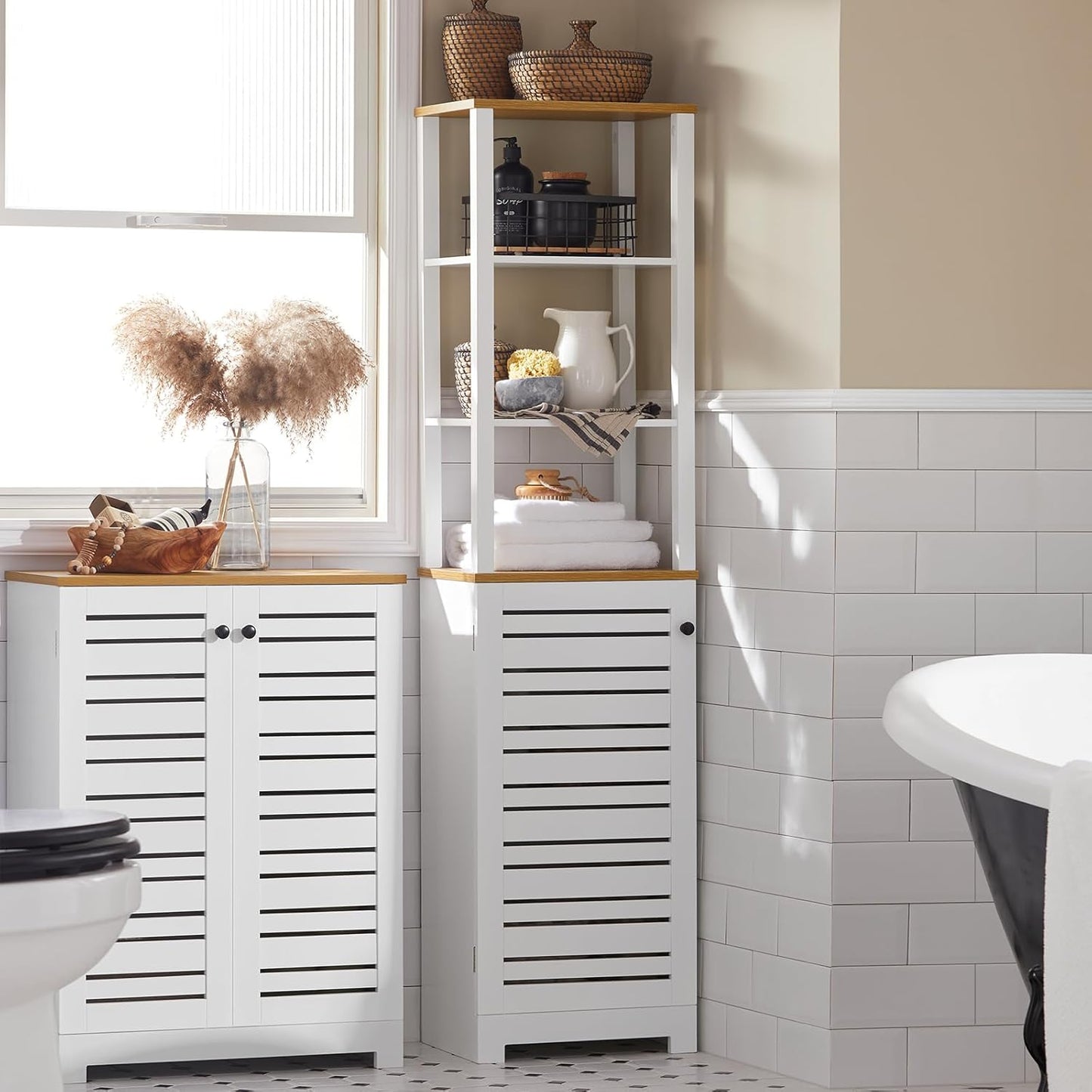 Bathroom Tall Cabinet Bathroom Shelf Bathroom Cabinet with 3 Open Compartments and Slat Door Bathroom Furniture White Natural W x H x H x H x H x D x H x D x H x D x H x H x H x H x H x