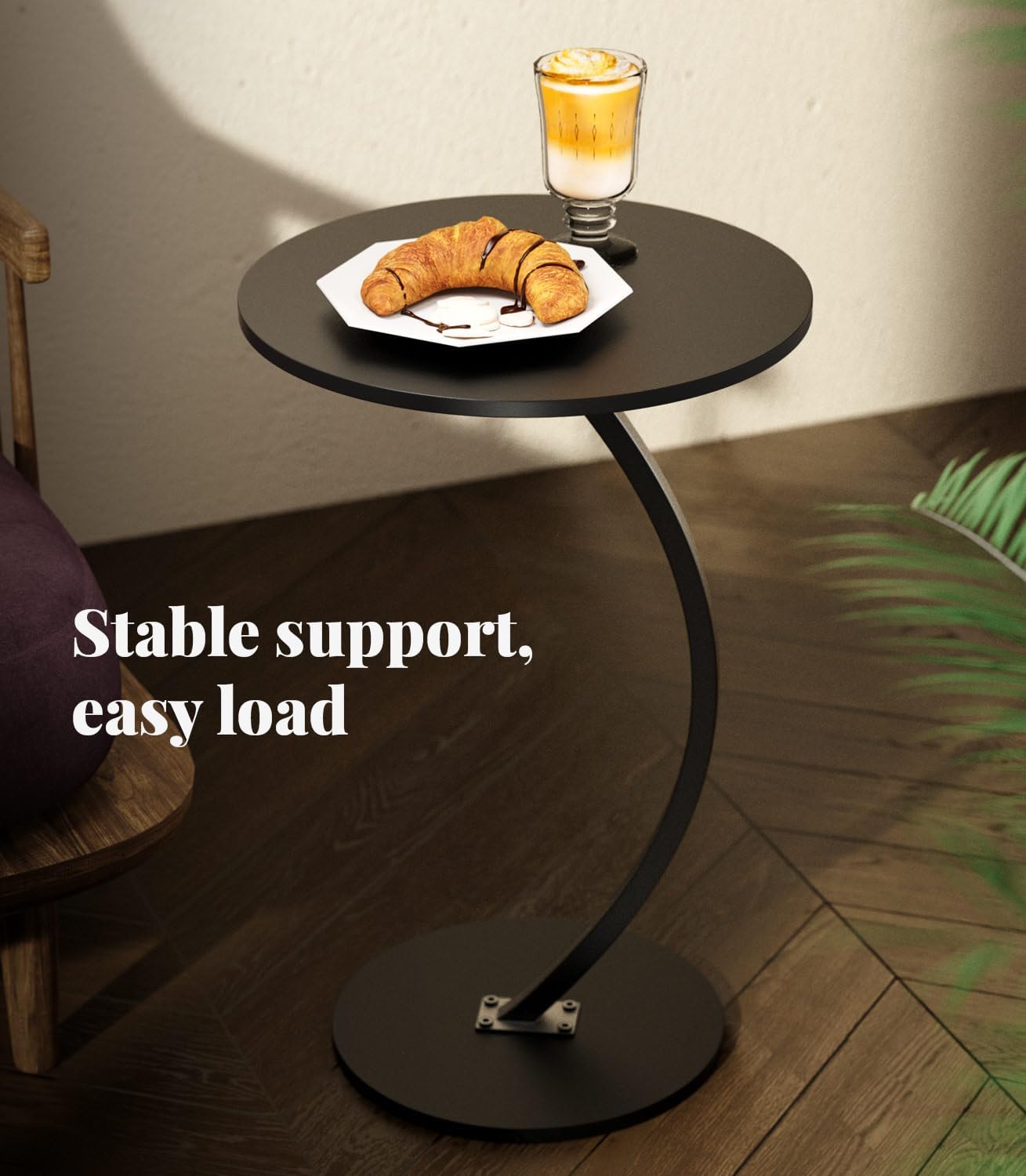 Side Table, Small Side Table, C Shape, Mobile Sofa Table, Living Room Table, C-Shape with Metal Frame, Round Table as Storage Surface for Sofa for Coffee and Laptop (Dark)