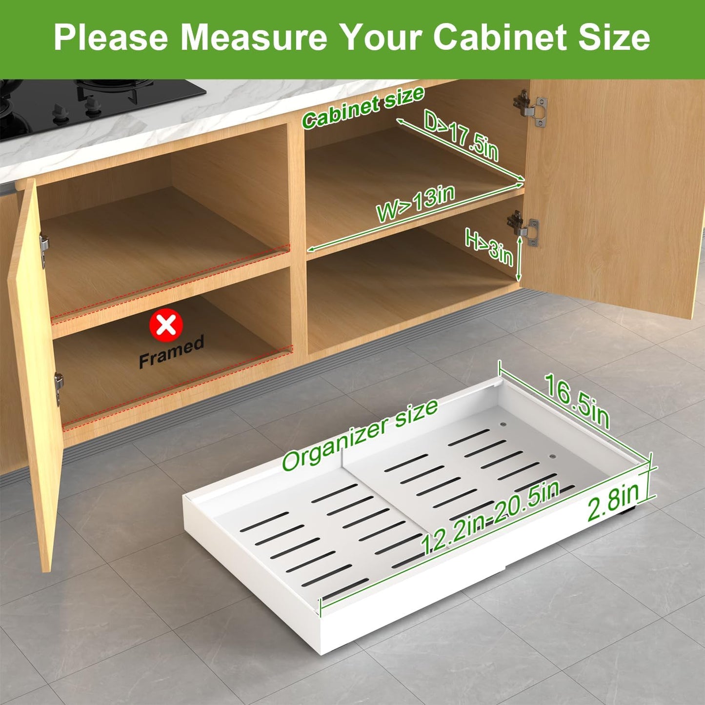 Pull out Cabinet Organizer, Expandable(12.2"-20.5") Heavy Duty Slide Out Drawers, Fixed with Adhesive Nano Film or Screw, Roll out Shelf Storage for Kitchen Base Cabinet Organization(16.5''Deep)