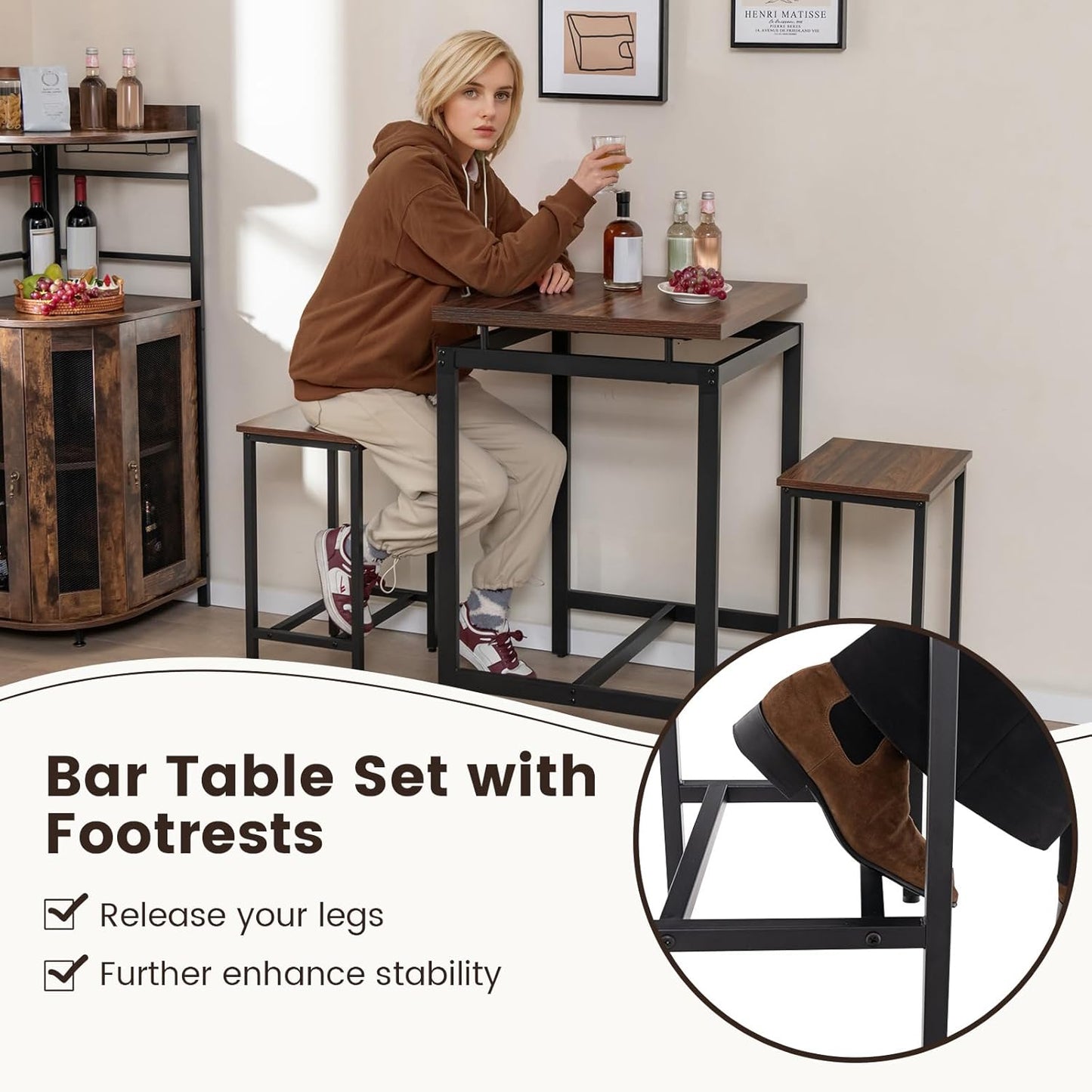 Bar Table with Bar Stool Set, Dining Table with 2 Chairs, Small Kitchen Table at Counter Height, Bar Table with Floating Table Top, Dining Group Industrial Design, Rustic Brown