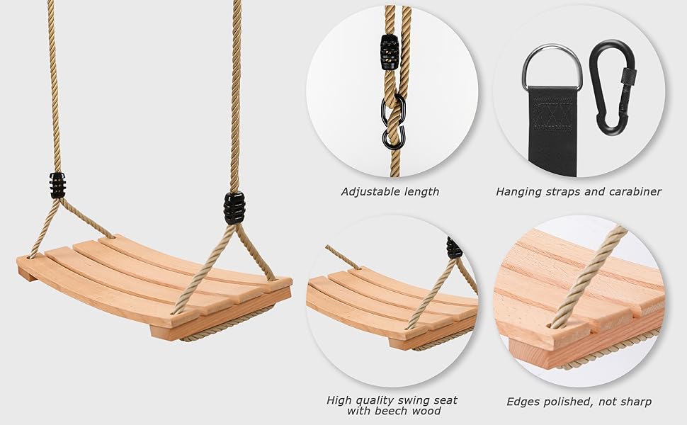 Classic Wooden Tree Swing Seat,Outdoor Tree Swing for Adults and Kids,Wooden Swing Seat with Strong Rope,Indoor/Outdoor Swing Seat for Garden, Patio, or Front Porch