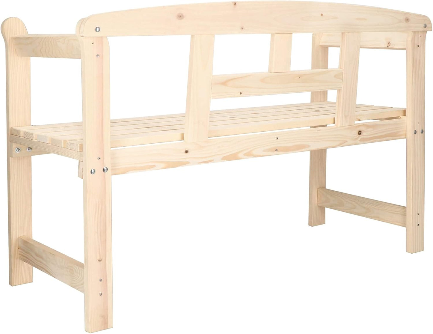 Wooden Bench with Armrests for 2 People, Garden Bench, 119 x 45 x 78 cm, Country House Style, Solid Raw Wood