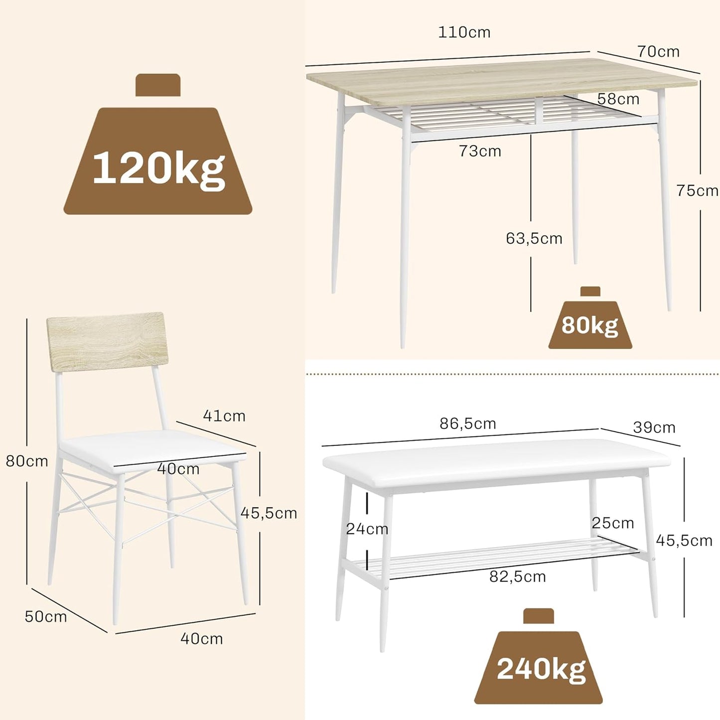 Dining Table with Bench and 2 Chairs, Dining Set of 4, Kitchen Table Set with Shelf for 4 People, Dining Room Group for Small Spaces, Kitchen, Living Room, Oak