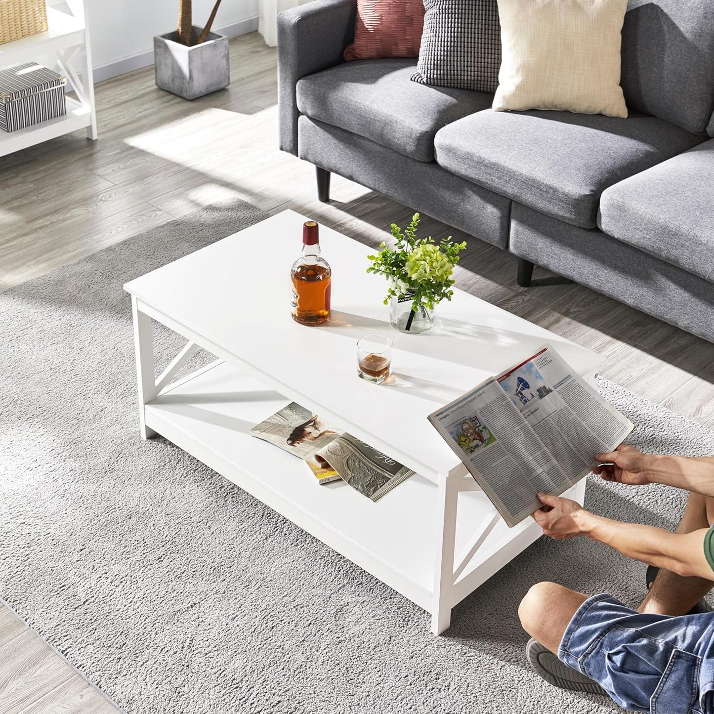 Coffee Table with 2 Shelves Sofa Table X-Shape Support Living Room Table Made of Wood Easy Assembly Modern Side Table for Living Room / Balcony / Office 100 x 50 x 45 cm White