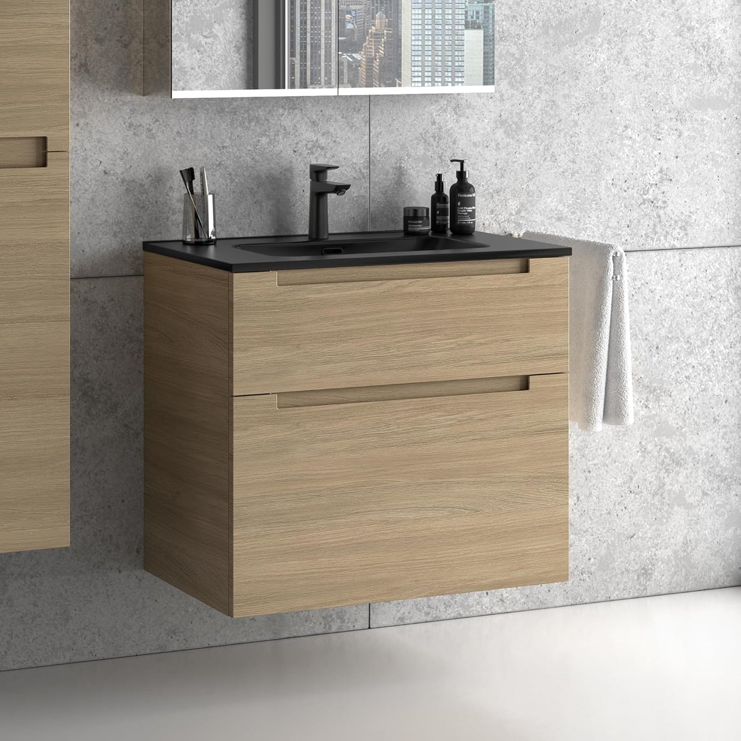 Premium Black Sink with Base Cabinet Matt Varnished 80 cm Wash Basin Bathroom Furniture Bathroom Cabinet Bathroom Cabinet with Two Drawers (Natural Oak)