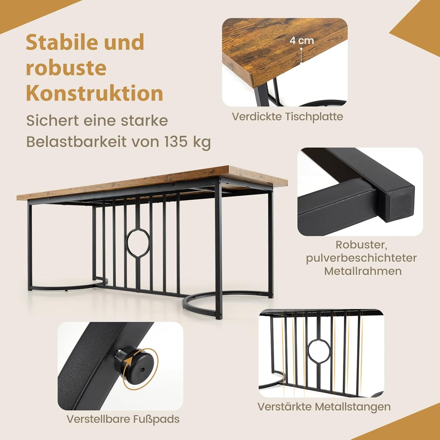 Esszimmertisch, 180 x 79 cm, rechteckiger Küchentisch aus Holz und Metall, bis 135 kg, Esstisch für 6-8 Personen, großer Tisch für Esszimmer, Wohnzimmer, Restaurant, Braun+schwarz