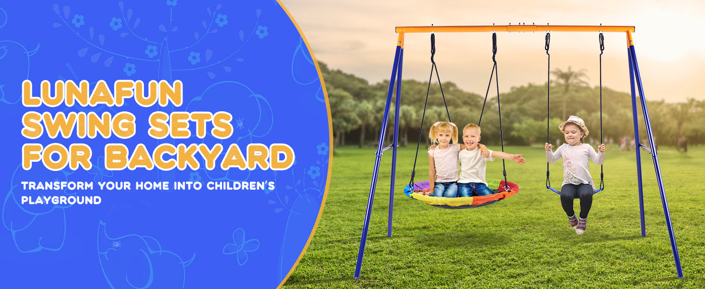 Swing Set for Backyard, 440lbs Swing Set with Heavy-Duty A-Frame Metal Outdoor Swing Stand, 1 Saucer Swing Seat & 1 Belt Swings Seat