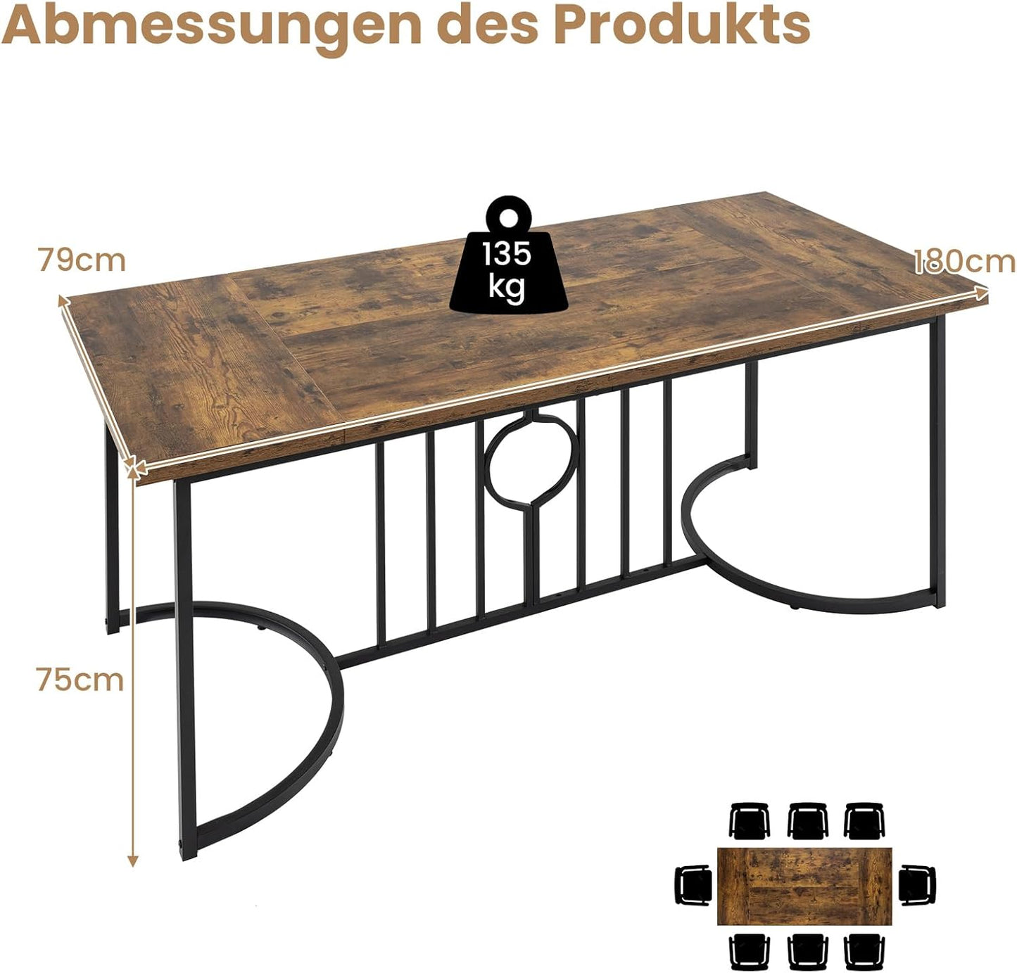 Dining Table 180 x 80 cm, Dining Room Table for 6-8 People, Rectangular Kitchen Table with Geometric Metal Legs, Large Industrial Style Table, for Dining Room & Living Room & Study