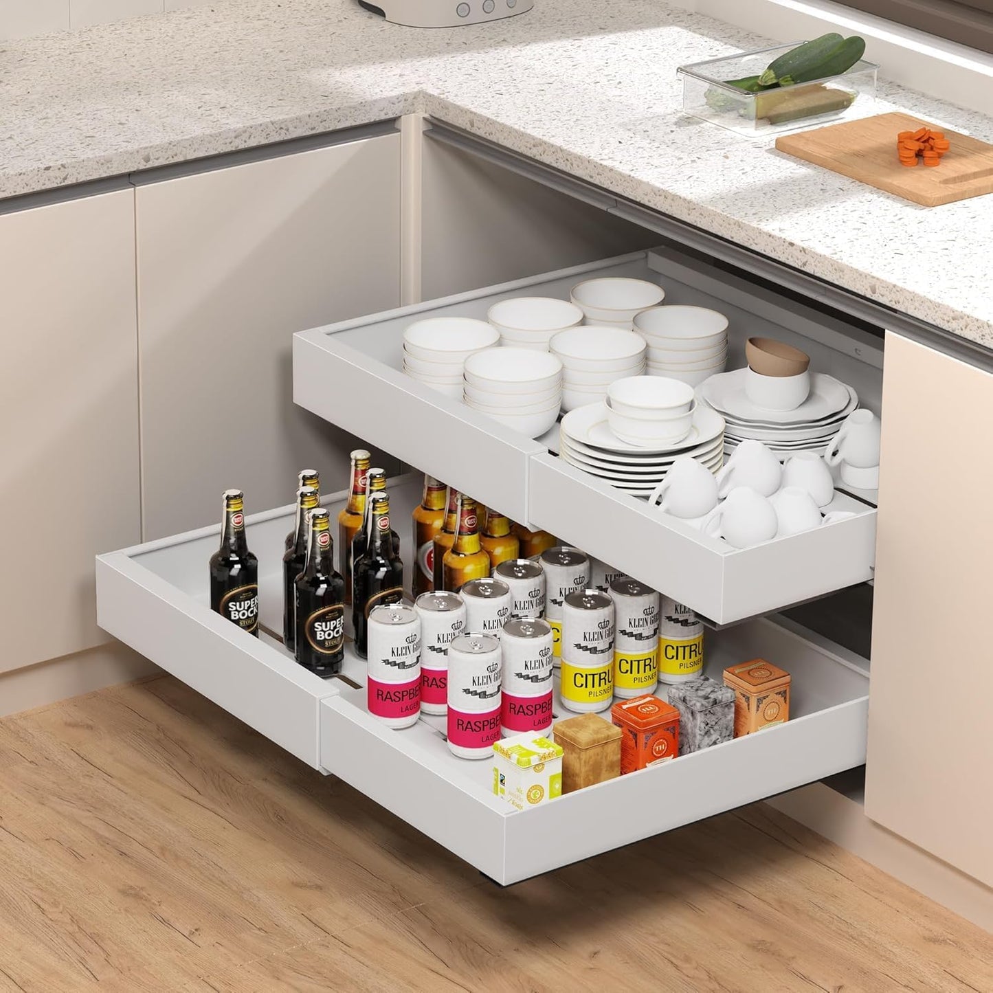 Expandable Pull Out Cabinet Organizer | Three Noiseless Damping Rails | Simply Peel-and-Stick Installation | Pull Out Drawers for All Cabinets, Adjustable Width 12.4"-20.47 White