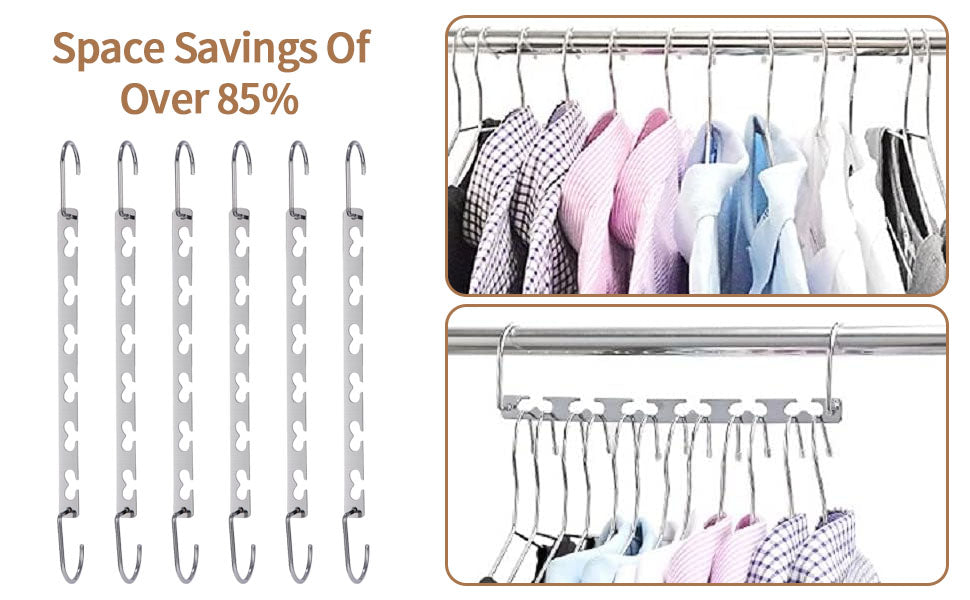 Clothes Hangers, Set of 6 Space Max Space-Saving Hangers, Stainless Steel, Silver, Multiple Hangers, Connecting Hooks, Multipurpose Hangers, Metal Wardrobe Organiser for Trousers, Jeans, Suit