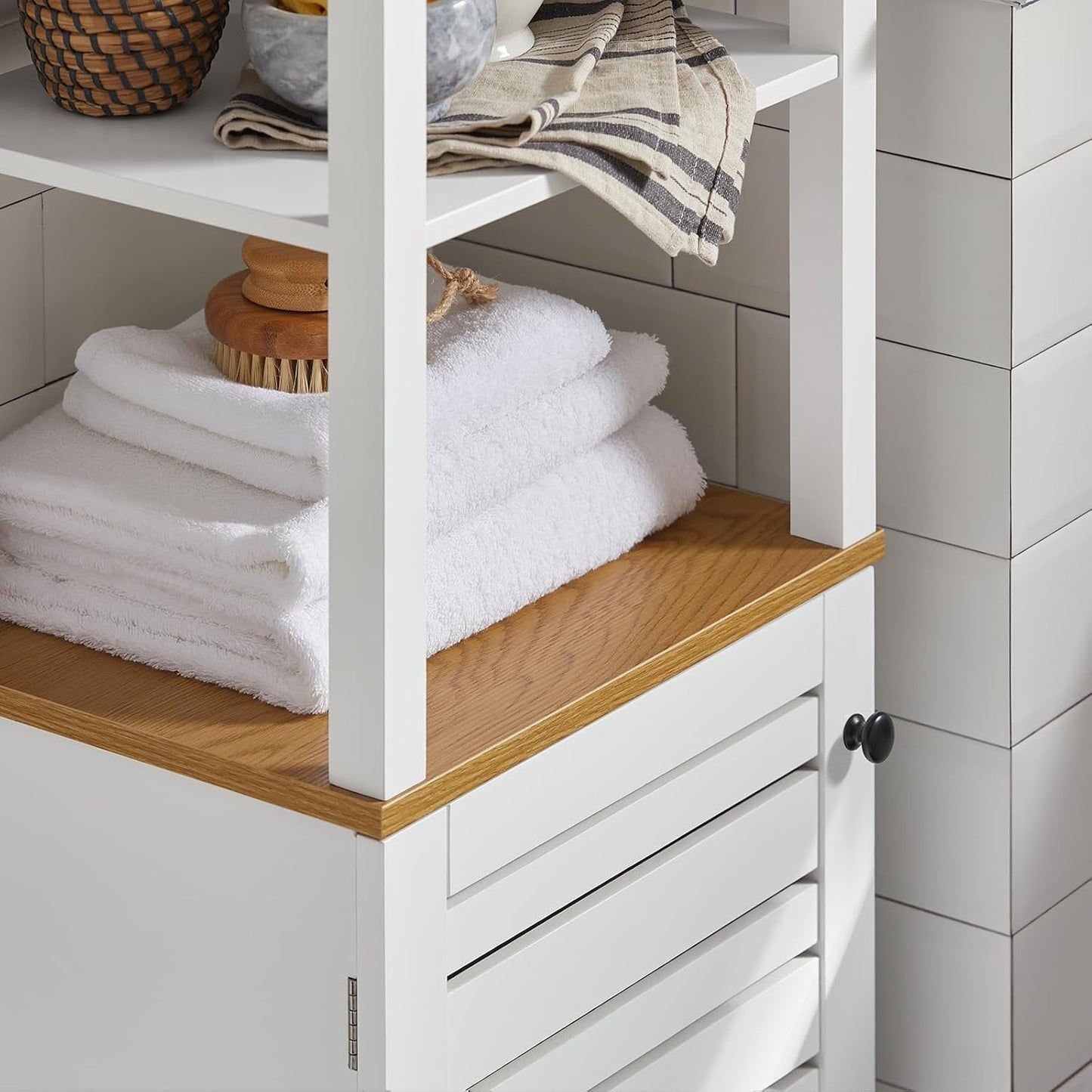 Bathroom Tall Cabinet Bathroom Shelf Bathroom Cabinet with 3 Open Compartments and Slat Door Bathroom Furniture White Natural W x H x H x H x H x D x H x D x H x D x H x H x H x H x H x