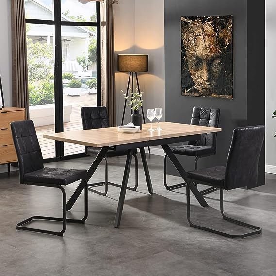 Extendable Dining Table Metal Frame Black Dining Room Furniture Modern for 4-6 People Kitchen Table Dining Room Table for Dining Room Kitchen Sand Oak Look 120-160 x 80 x 77 cm