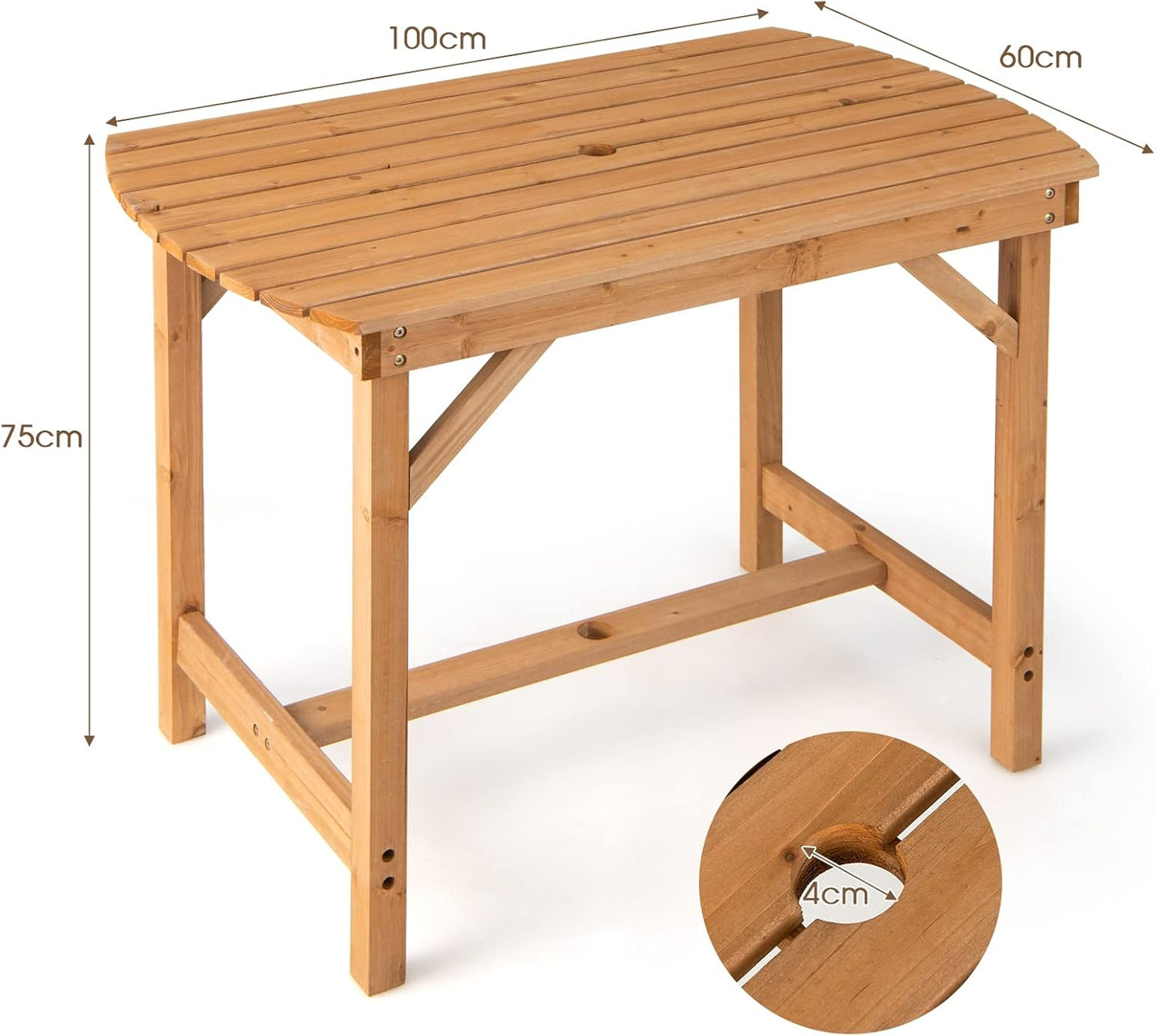 Solid Wood Garden Table, Dining Table with Umbrella Hole, Patio Table, Wooden Table for Backyard, Garden, 100 x 60 x 75 cm