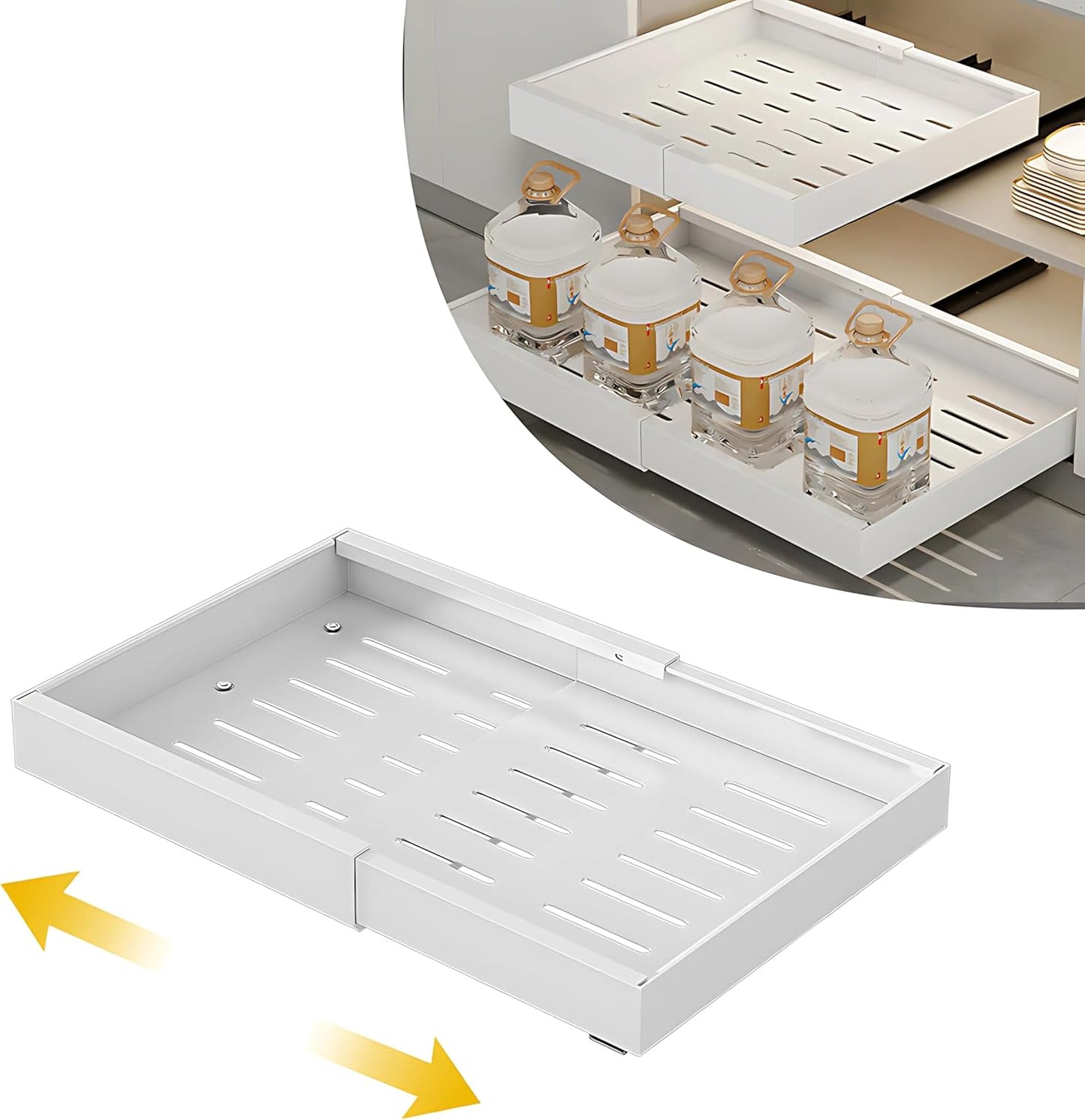 BOSKE 1 Pack Pull out Cabinet Organizer 16.5" Deep, Expandable (12.5"-20.5") Slide out Drawers for Kitchen Cabinets with Adhesive Nano Films, Upgraded 3 Slide Rails Roll Out Drawers (White)