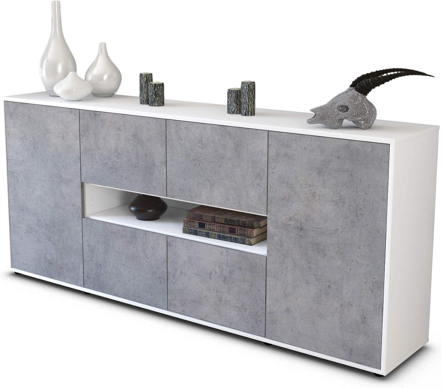 Farina Sideboard - Body White Matt - Front Concrete Look (180 x 79 x 35 cm) Push-to-Open Technology