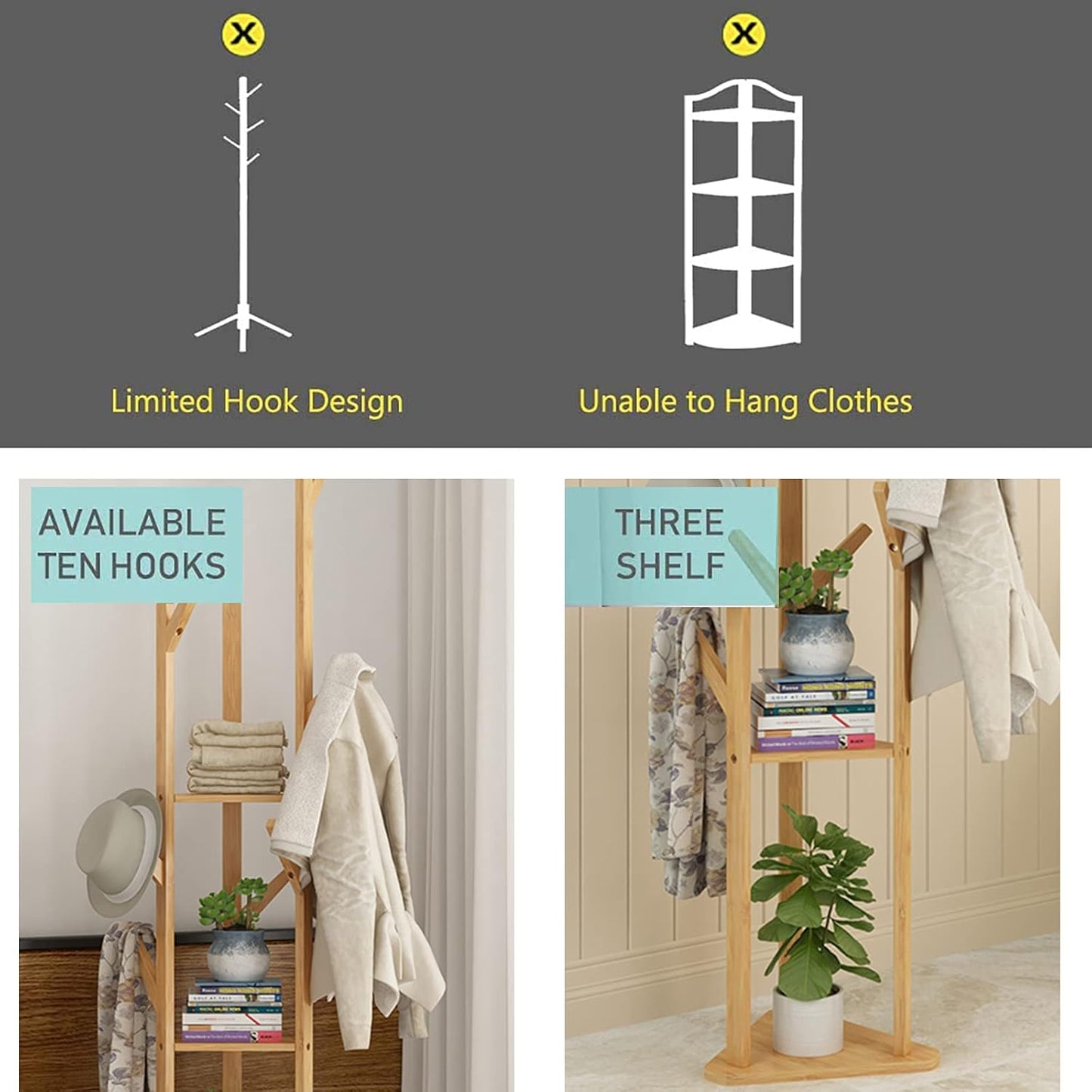 Coat Rack Clothes Rack Freestanding Coat Rack 8 Hooks with 2 Shelves for Clothes Hat Bags (Wood Color)