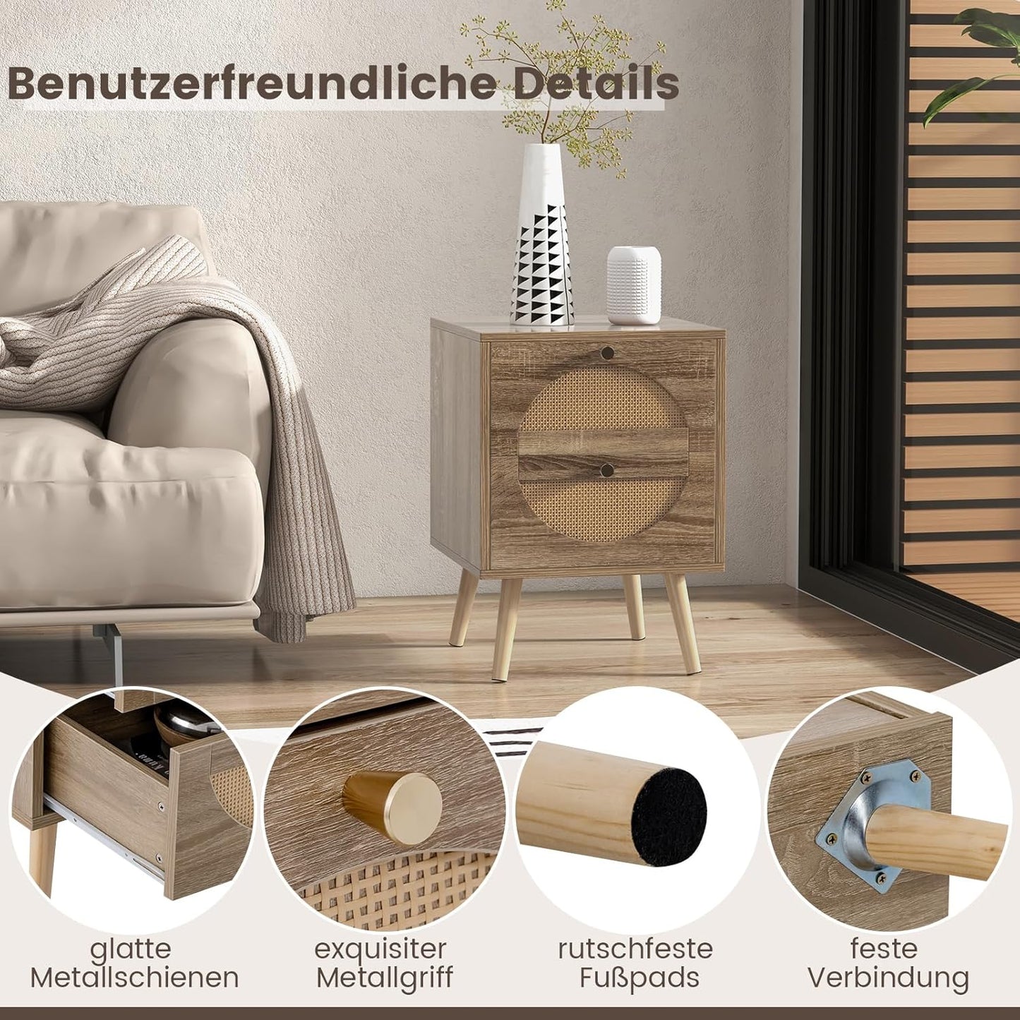 Nachttisch 2er Set, Nachtschrank mit 2 Rattan-Schublade, Nachtkonsole Holz, 40 x 40 x 56 cm, Beistelltisch für Wohnzimmer Schlafzimmer