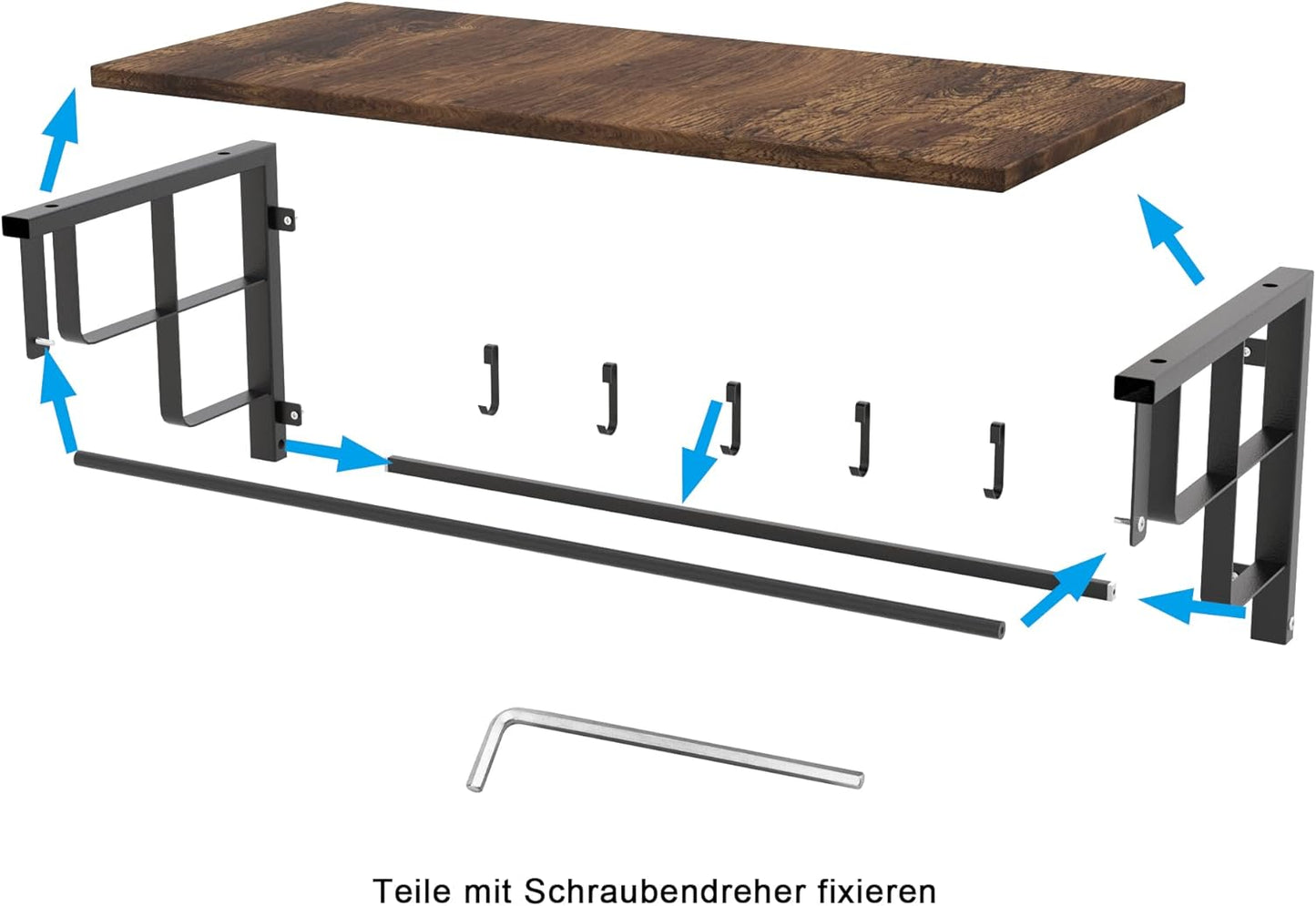 Wall Coat Rack with Removable Hooks for Kitchen, Hallway, Living Room, 60 x 30 x 27 cm, Hanging Shelf, Clothes Hooks, Kitchen Shelf