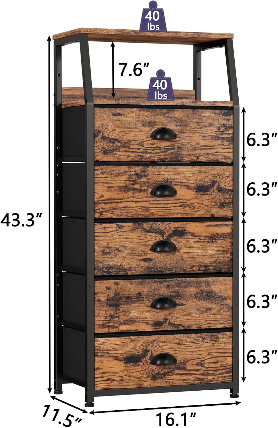 Tall 5 Drawers Dresser Organizer Vertical Fabric Storage Tower for Bedroom Hallway Entryway Closet Nursery Bedside Furniture Wood Top Easy Handle (5 Drawers)