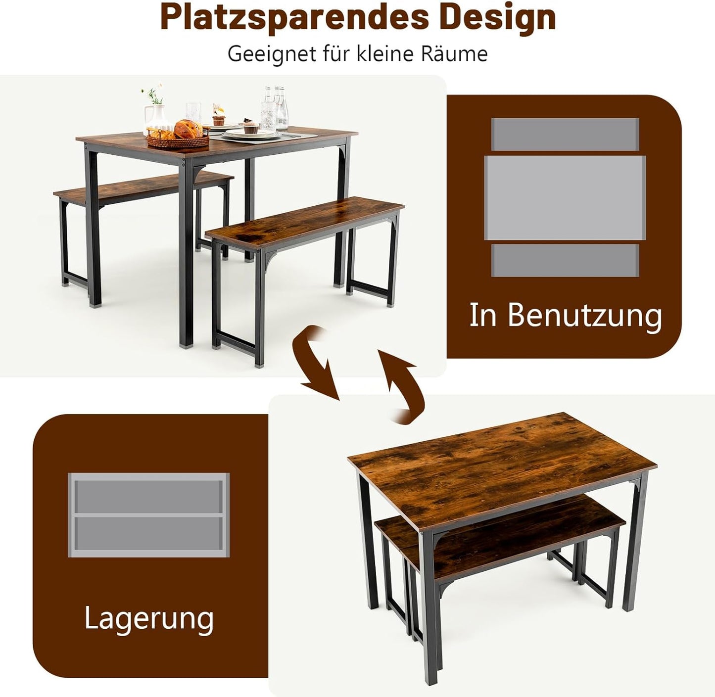 Esstisch mit 2 Bänken, 3-teilige Essgruppe, Küchentischset mit Metallgestell, Esszimmergruppe für 4 Personen, Industriedesign, Bartisch Set für Esszimmer Küche (Rustikales Braun)