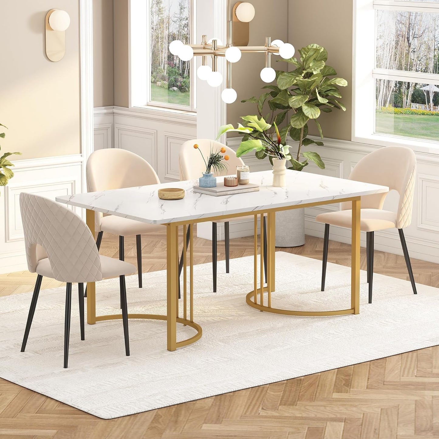 Dining Table 140 x 80 cm, Modern Kitchen Table with Metal Frame, Rectangular Marble Pattern Kitchen Table with Adjustable Feet for Dining Room and Living Room, White/Gold