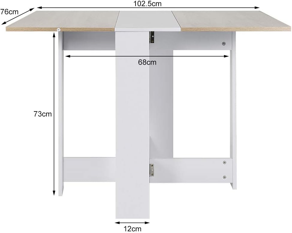 Folding Kitchen Table, Side Table with Wings, Kitchen Table, Finish and Oak, Folding Table with 2 Flaps, Melaminated Chipboard, 103 x 76 x 73.4 cm