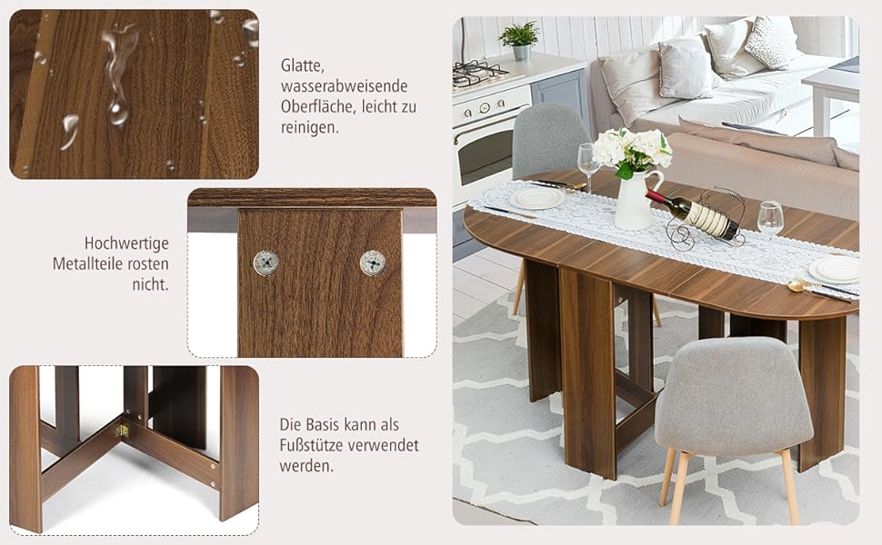 Dining Table with 3 Shapes, Folding Console Table, Wooden Side Table, Folding Table with Rounded Corners, Multifunctional, Round, Modern, for Dining Room, Living Room, Kitchen, Brown