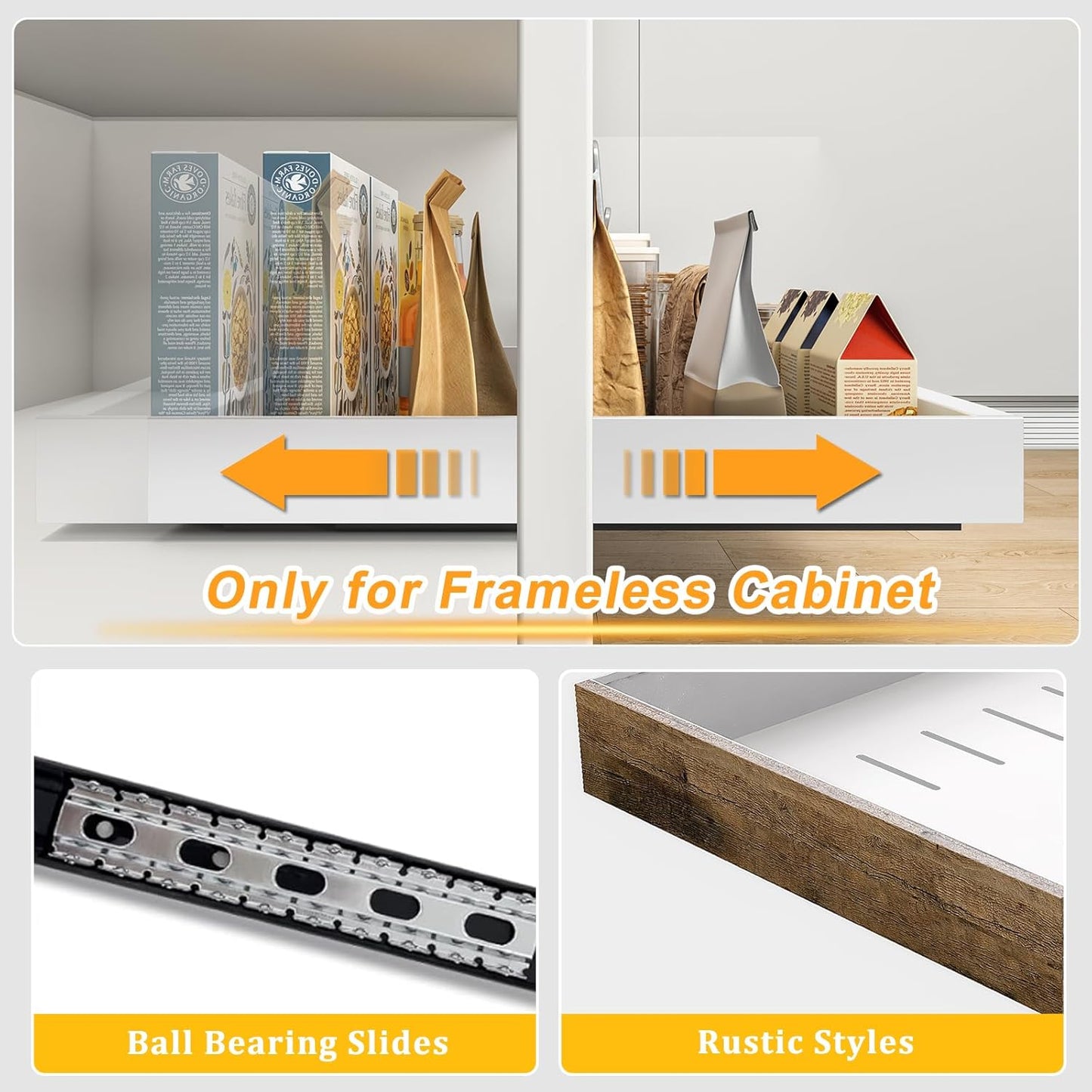 2 Pack Pull Out Cabinet Organizer 16.5" Deep Adhesive Slide Out Cabinet Drawer Peel Stick Pull Out Shelf Drawer for Kitchen Pantry Bathroom Solid Panel with Wooden Front (White 12.6" Wide)