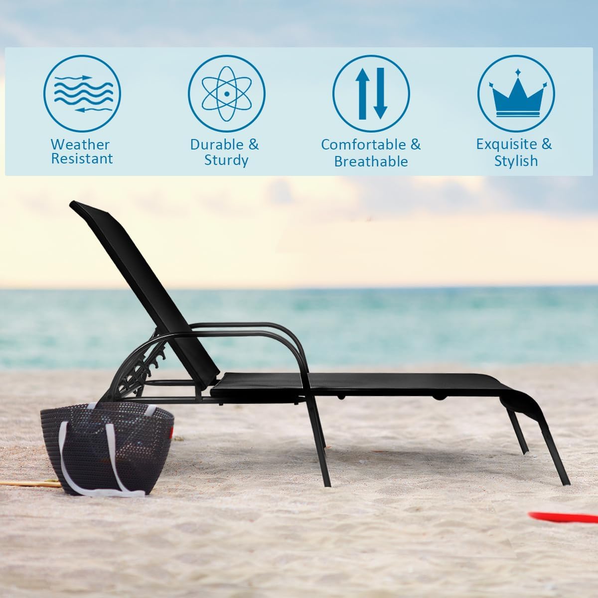 Sun Lounger with 5-Way Adjustable Backrest and Armrests, Garden Lounger Made of Textilene Fabric, Recliner Lounger up to 150 kg Load Capacity for Beach Garden Patio Black