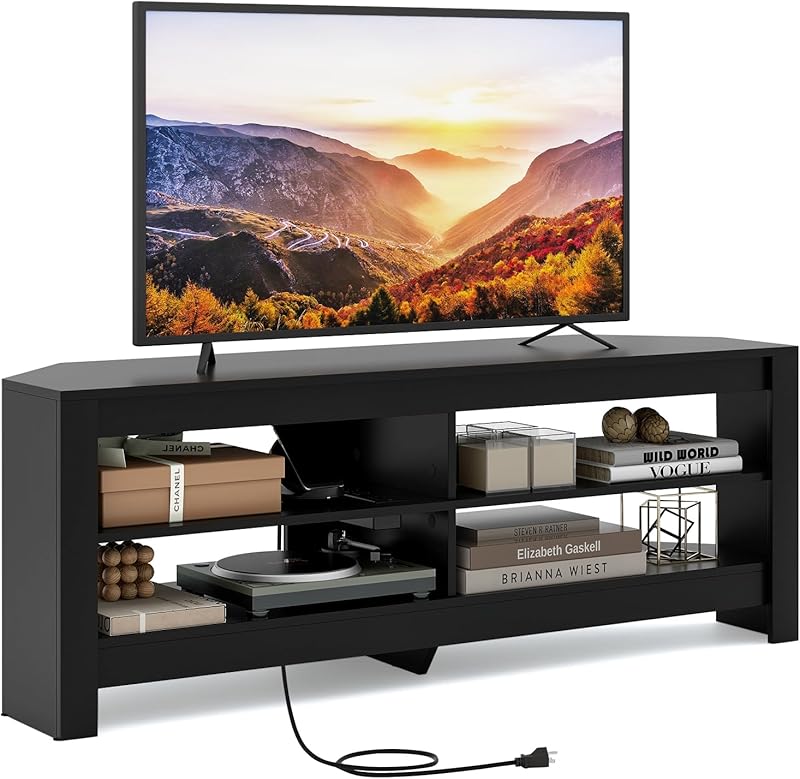 Corner TV Cabinet with Charging Station, TV Lowboard with 4 Open Shelves, TV Cabinet for TVs up to 65 Inches, TV Stand for Living Room, Bedroom, 140 x 40 x 49.5 cm, Black