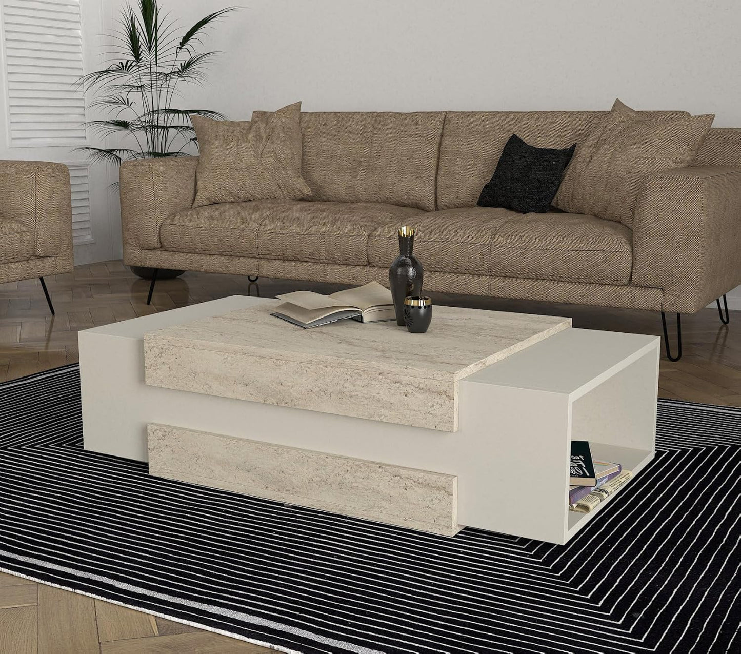 Coffee Table Living Room Table Rectangular Table Modern Wood Beige with Granite Look Furniture for Living Room Flat 2 Storage Compartments Designer Table 110 x 57 x 31 cm 2536