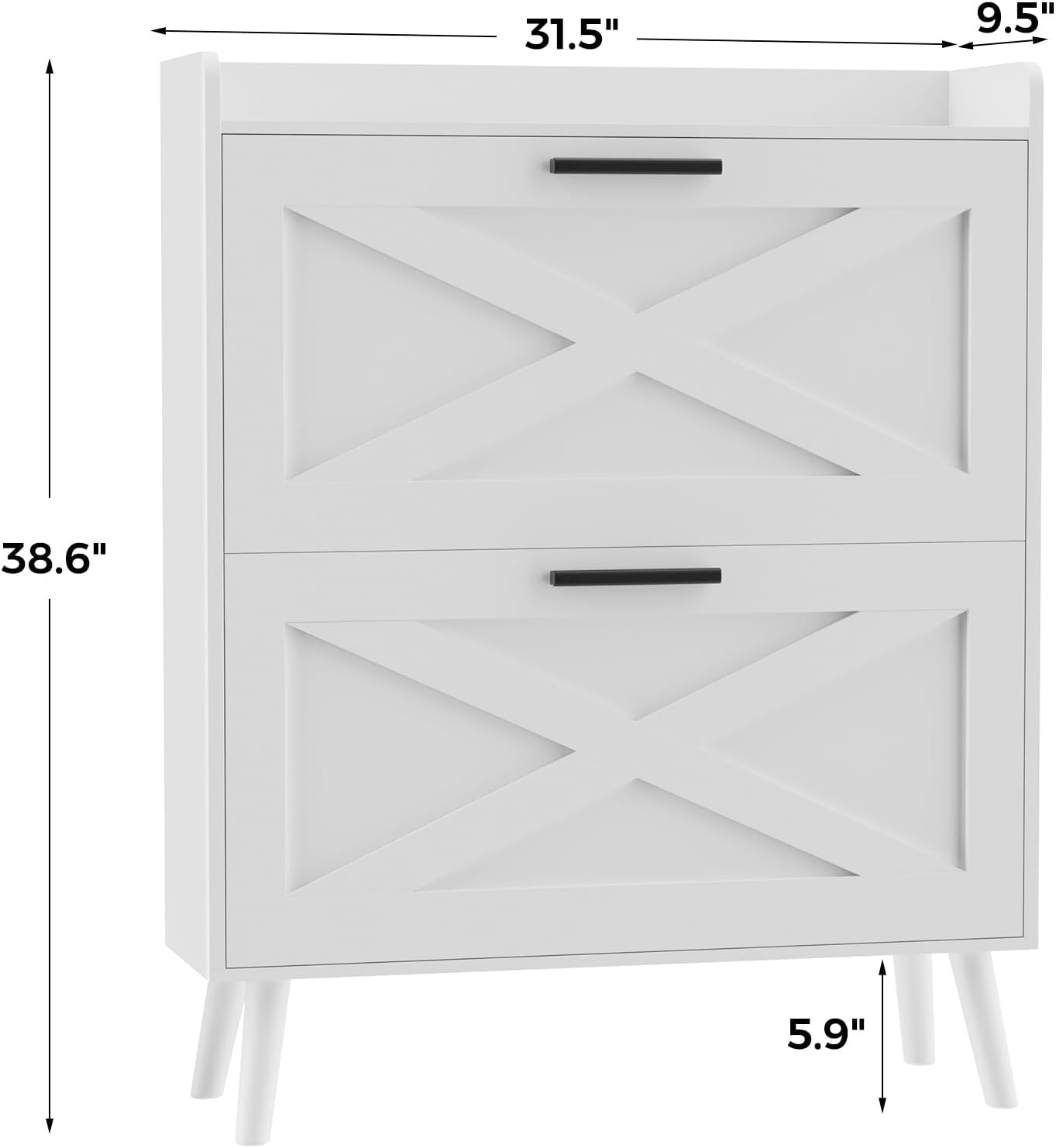 Farmhouse Shoe Storage Cabinet with 2 Flip Drawers and Barn Door Design, Adjustable Shelves, Modern Hidden Slim Narrow Shoe Rack Cabinet for Entryway, Foyer, Hallway, Living Room, White