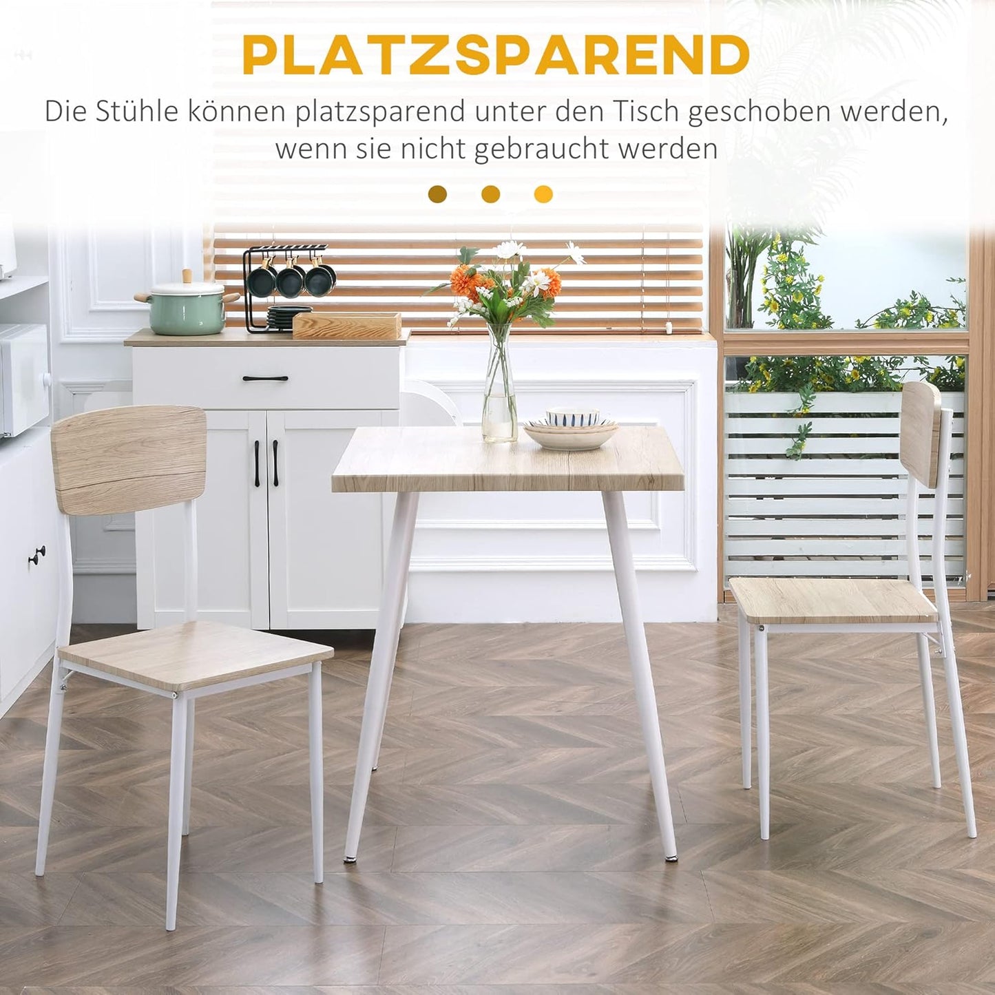 3-piece dining set: MDF wood table with metal; natural wood grain; white; 1 Table and 2 chairs.