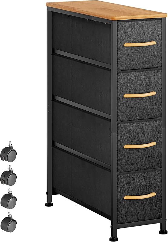 Narrow Dresser Storage Tower with 5 Drawers, Slim Dresser Chest of Drawers with Steel Frame, Wood Top, Dresser for Bedroom, Bathroom, Small Spaces, Laundry, Closet, Rustic Brown