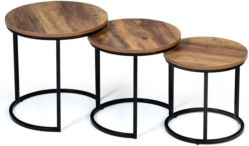 Hawkins 30/40/45cm Dark Wood Industrial Round Coffee Table, Set of 3