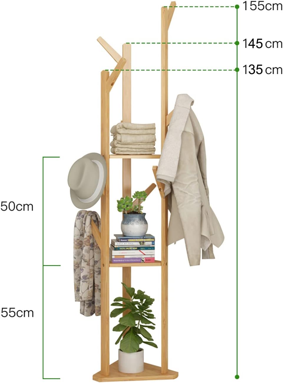 Coat Rack Clothes Rack Freestanding Coat Rack 8 Hooks with 2 Shelves for Clothes Hat Bags (Wood Color)