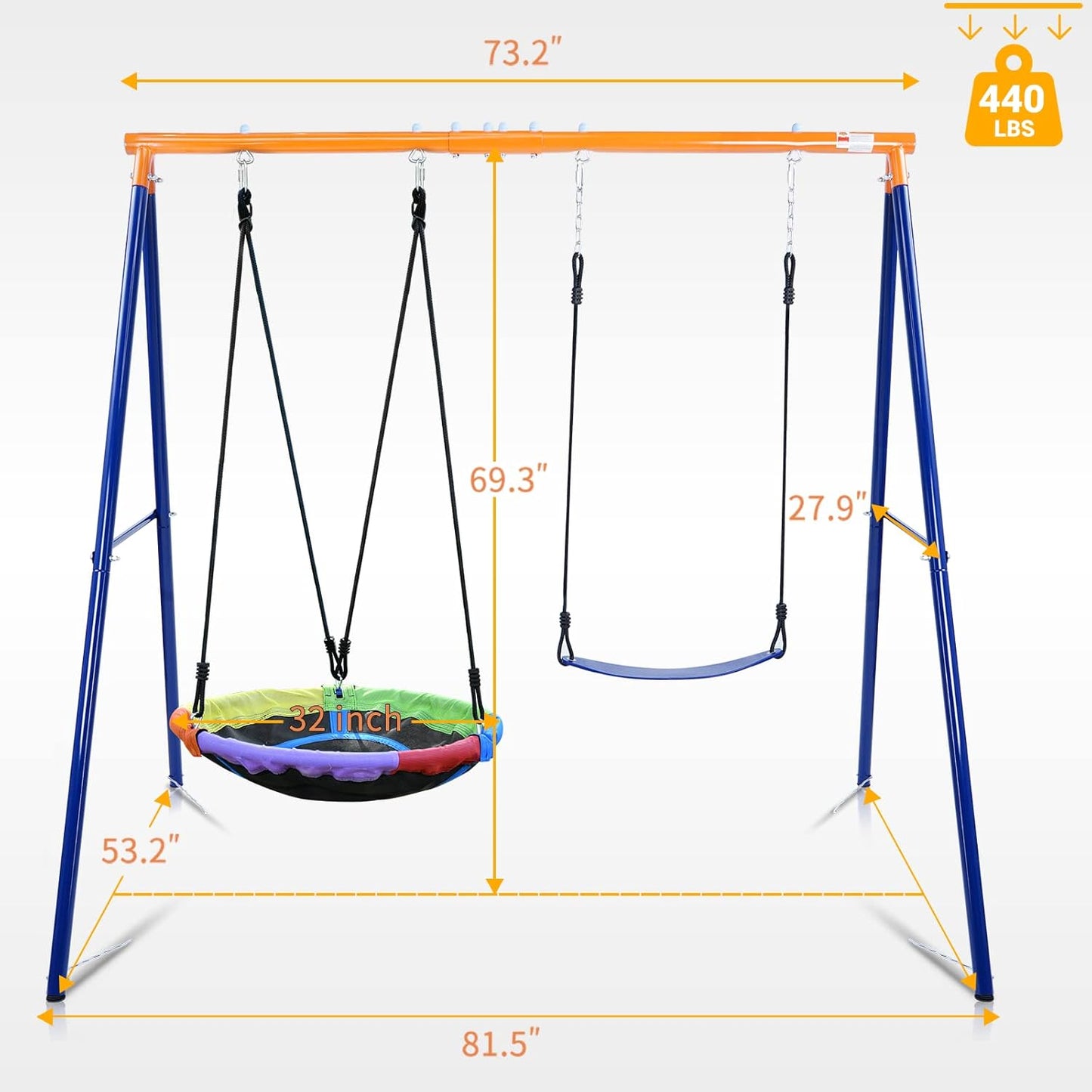 Swing Set for Backyard, 440lbs Swing Set with Heavy-Duty A-Frame Metal Outdoor Swing Stand, 1 Saucer Swing Seat & 1 Belt Swings Seat