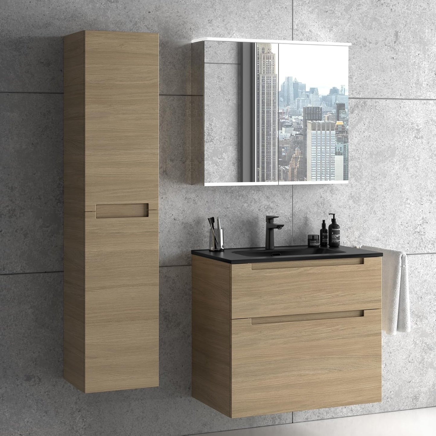 Premium Black Sink with Base Cabinet Matt Varnished 80 cm Wash Basin Bathroom Furniture Bathroom Cabinet Bathroom Cabinet with Two Drawers (Natural Oak)