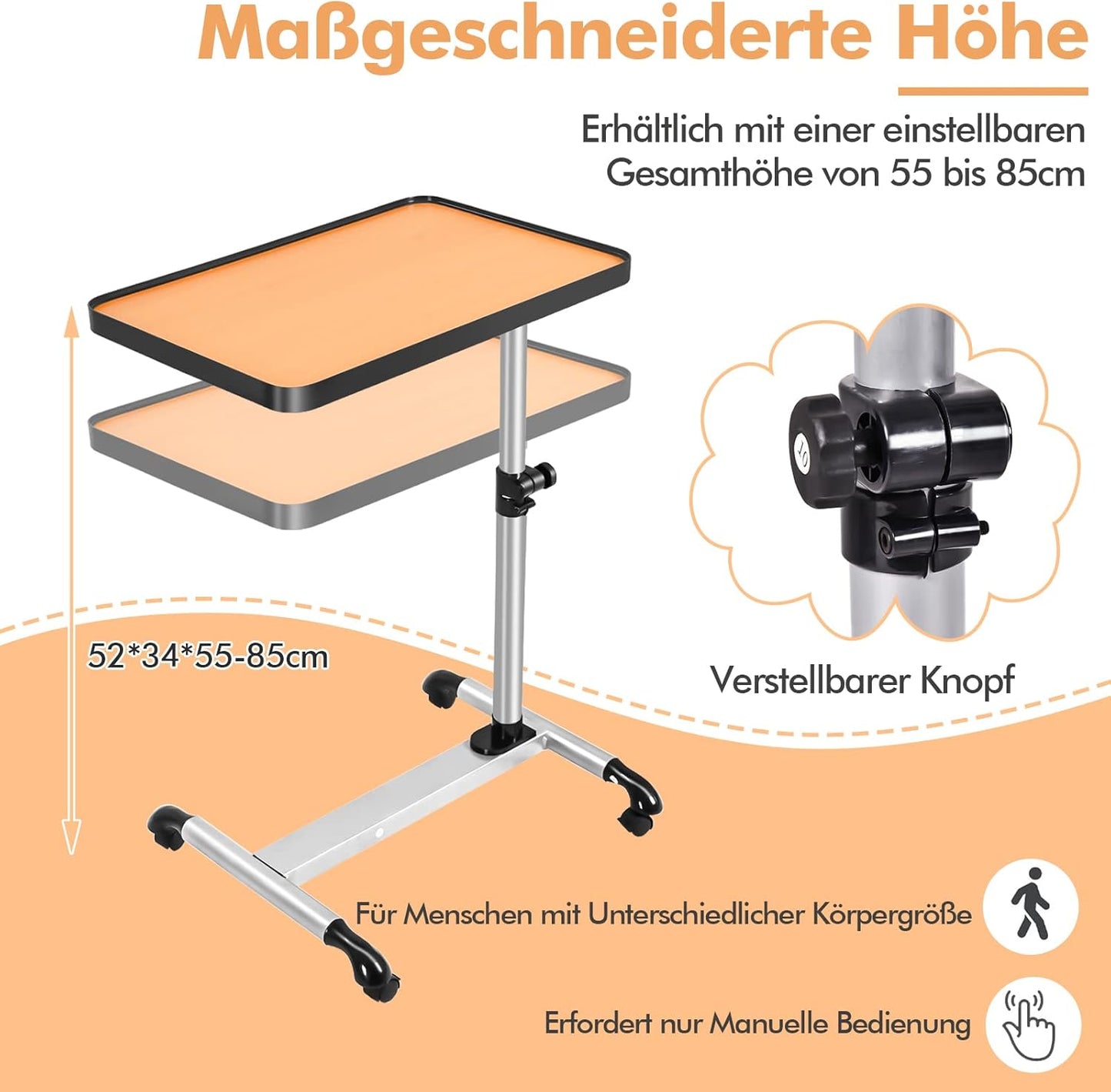 Care Table with Wheels, 52 x 34 x 55-85 cm, Height/Angle Adjustable, Bed Table, Notebook Table, Rolling Table, Side Table with Brakes, Laptop Table, Coffee Table