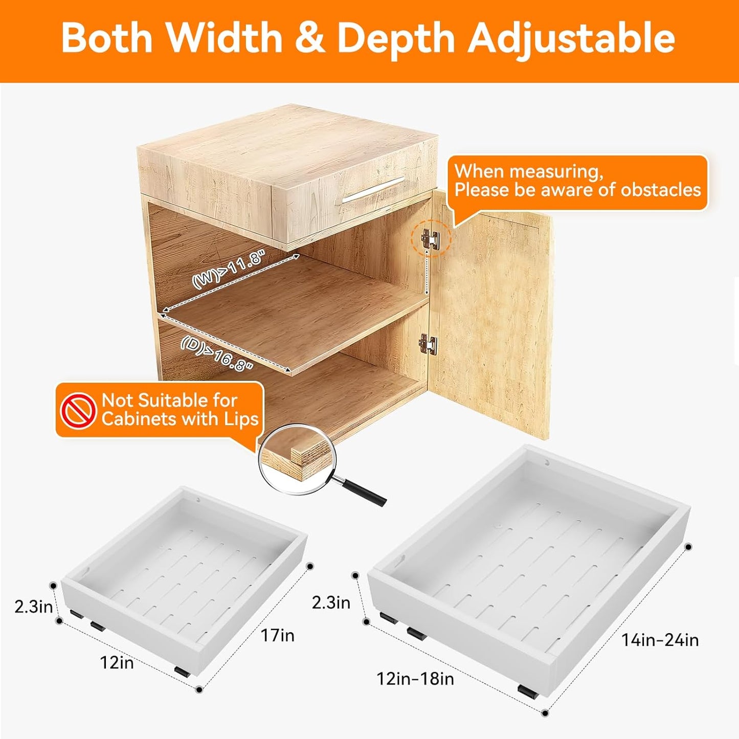 Pull Out Cabinet Organizer Expandable Width(12"-18") and Depth(14"-24") Slide Out Drawers Fixed with Adhesive Nano Film or Nail, Heavy Duty Roll Out Shelf Storage for Kitchen, Bathroom (White)