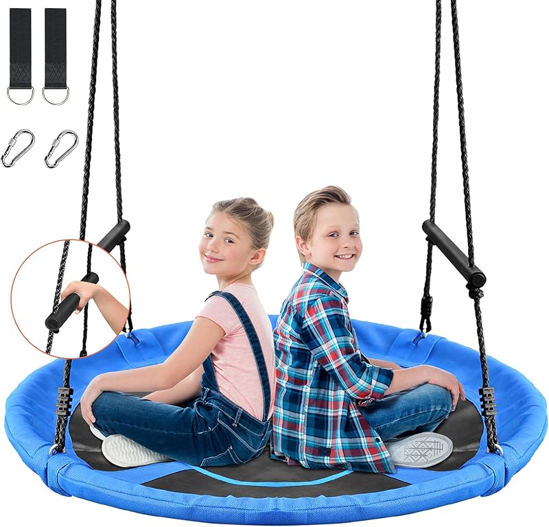 Saucer Tree Swing 46 Inch, 800 lb Weight Capacity Outdoor Swing with Tree Strap, Textliene Fabric Waterproof Steel Frame and Carabiner for Playground and Backyard, New Year Day Gifts (Blue)