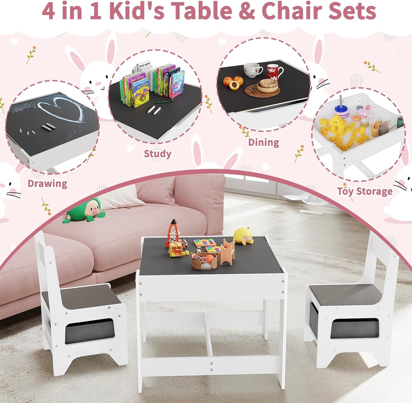 Kids Table and Chair Set, 3 in 1 Wooden Activity Table for Toddlers Arts, Crafts, Drawing, Reading, Playroom, Toddler w/ 2 in 1 Tabletop, Storage Space, Gift for Boy & Girl