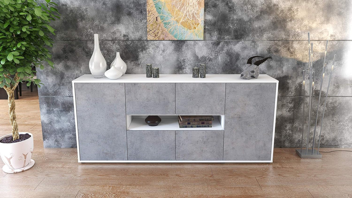 Farina Sideboard - Body White Matt - Front Concrete Look (180 x 79 x 35 cm) Push-to-Open Technology