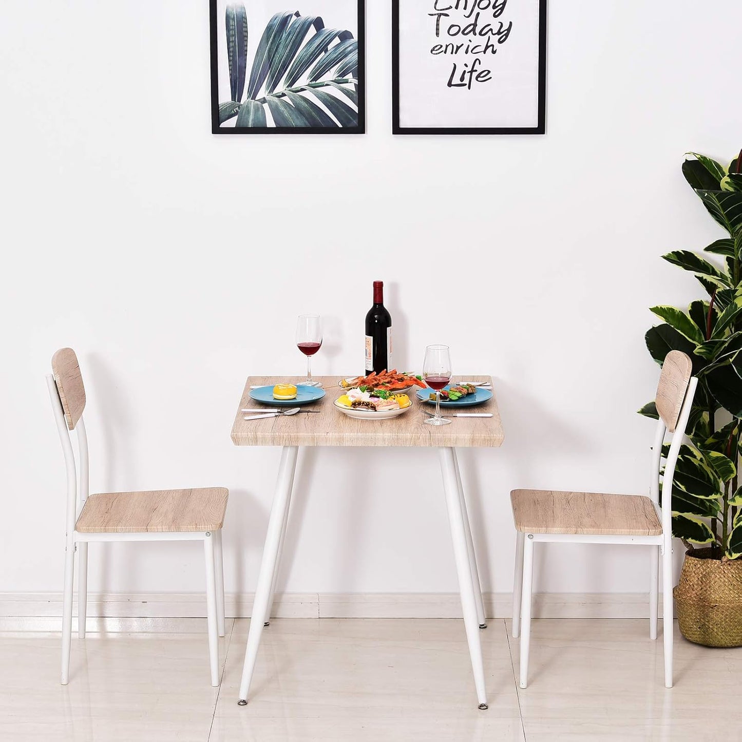 3-piece dining set: MDF wood table with metal; natural wood grain; white; 1 Table and 2 chairs.