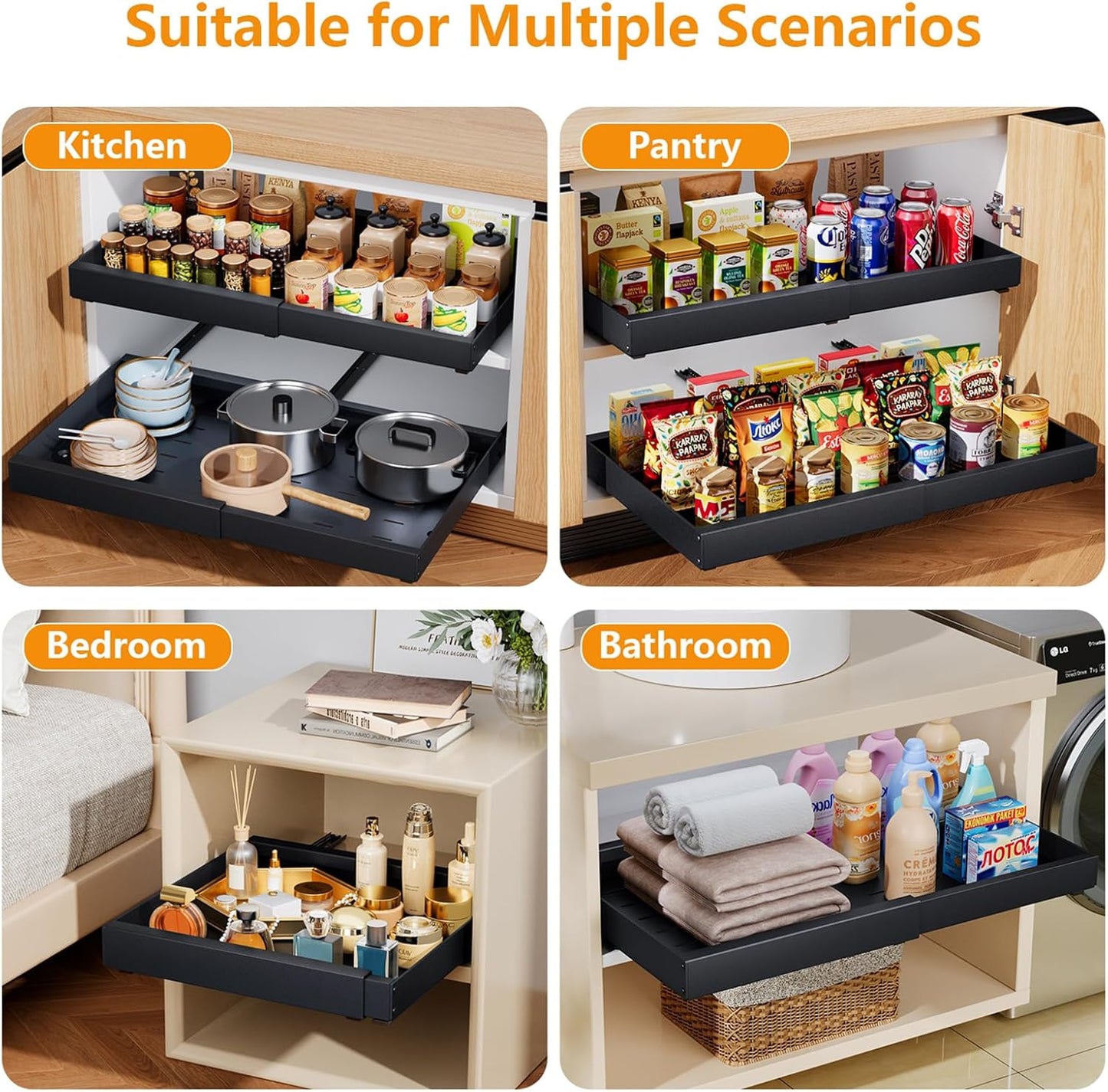 Pull Out Cabinet Organizer 21" Deep Heavy Duty Expandable(12.6"-21.3") Slide Out Drawers for Kitchen Cabinets with Adhesive 1 Pack Adjustable Roll Out Shelf Storage Organization for Pantry Bathroom