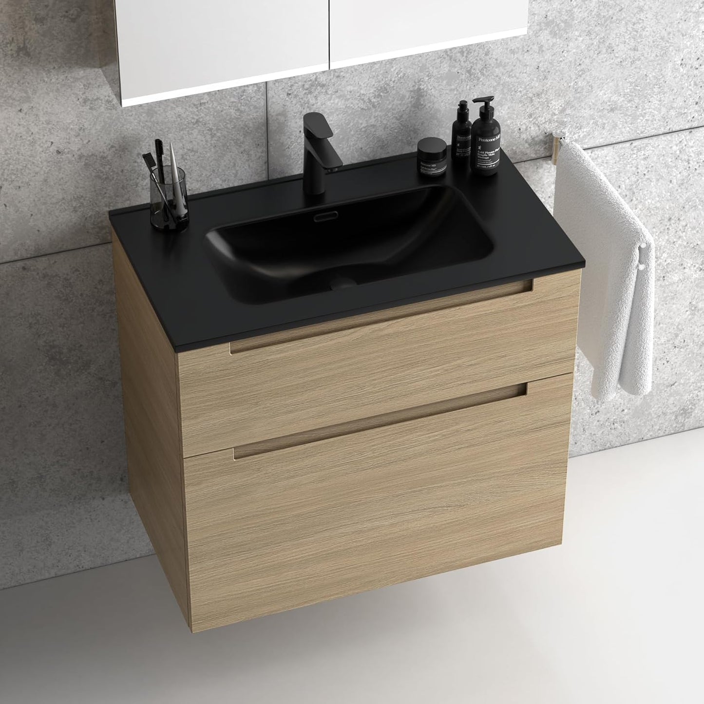 Premium Black Sink with Base Cabinet Matt Varnished 80 cm Wash Basin Bathroom Furniture Bathroom Cabinet Bathroom Cabinet with Two Drawers (Natural Oak)