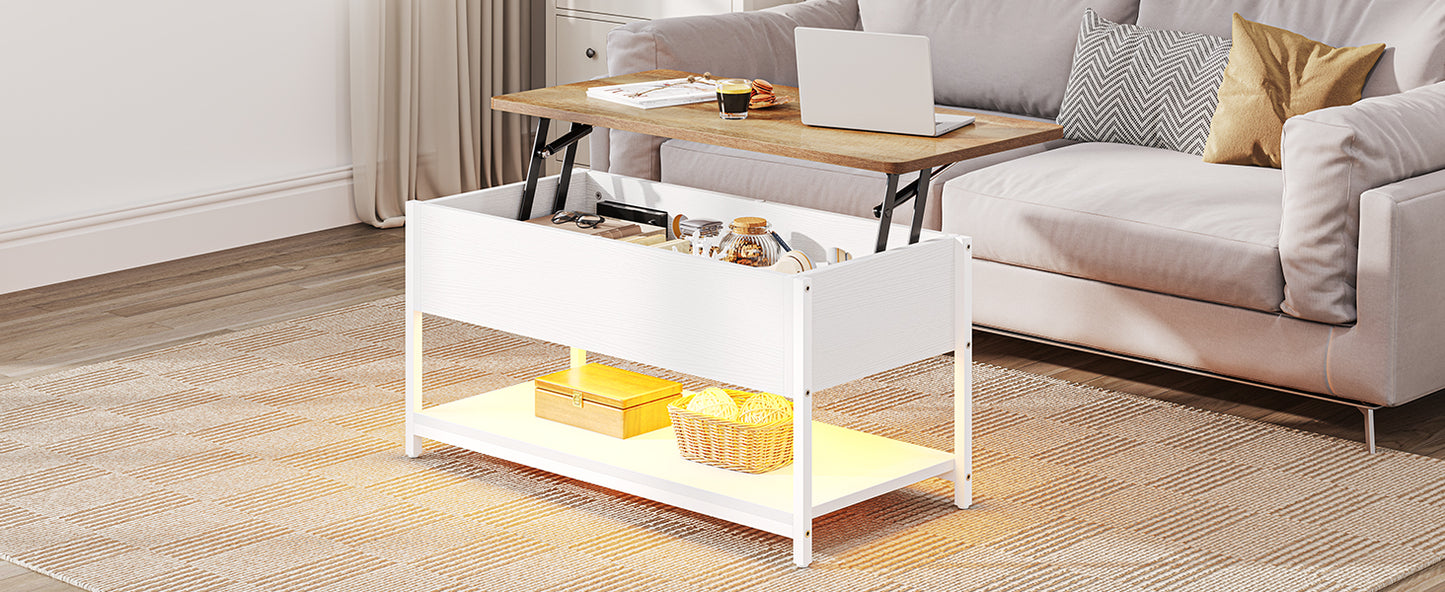 Coffee Table with Height-Adjustable Top, Extendable, Hidden Storage Space, Living Room Table, Side Table for Living Room, Office, with Power Strip and LED Light Strip