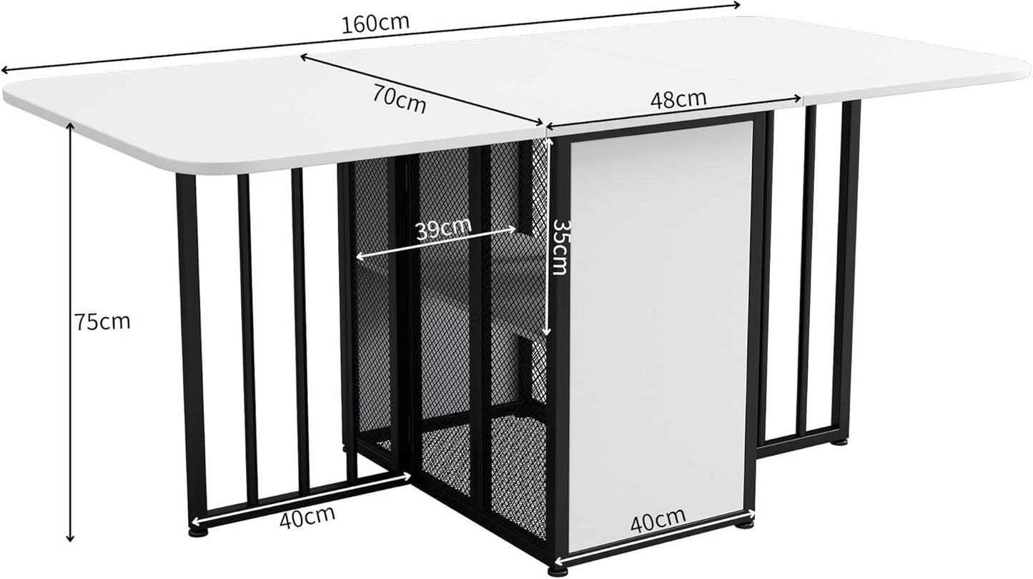 Folding Dining Table, Multifunctional Extendable Dining Table, Movable, Multifunctional Folding Table with Drawers, Folding Table in 3 Shapes (White + Black)