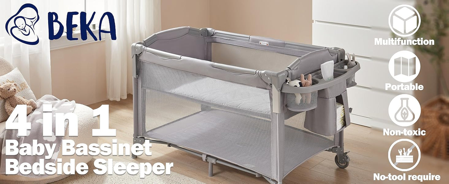 BEKA 4 in 1 Baby Bassinet Bedside Sleeper, Baby Bedside Crib 4 Functions, Bedside Bassinet Crib Sleeper, Playard, Changing Table, Baby Bassinet for Newborn Baby