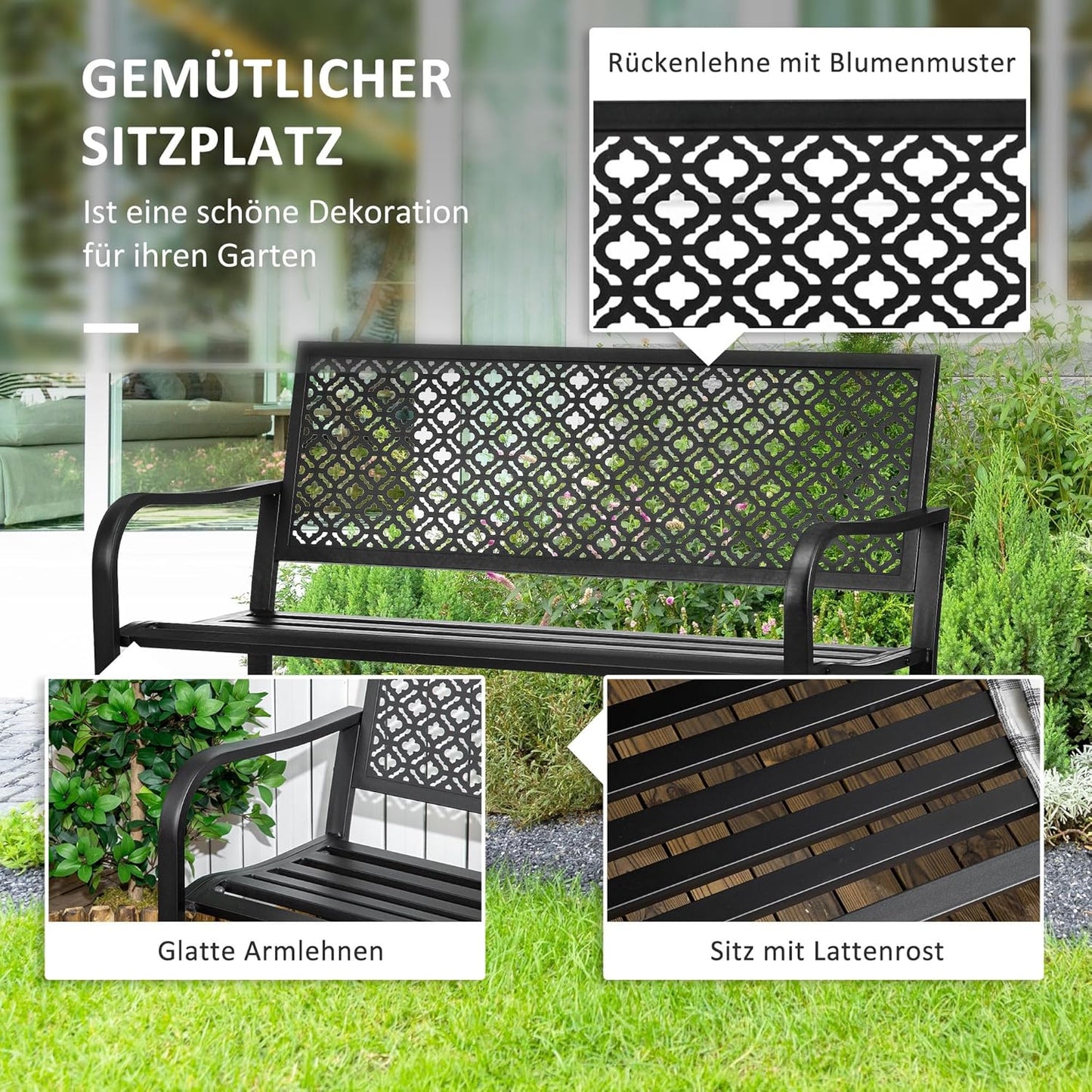 Steel Garden Bench, 2 Seater Park Bench with Backrest & Armrest, Floral Bench for Garden, Balcony, Max. 240 kg, Black, 127 x 63 x 83 cm